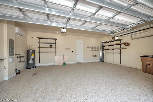 garage with water heater, an AC wall unit, a garage door opener, and electric panel