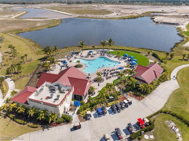 drone / aerial view with a water view