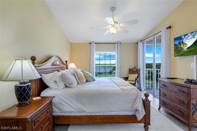 bedroom with lofted ceiling, access to outside, ceiling fan, and light wood-type flooring