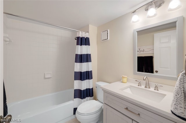 full bathroom featuring vanity, shower / bath combination with curtain, and toilet