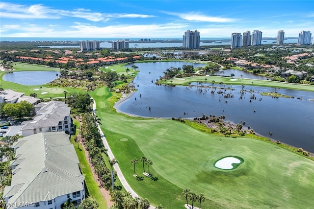 bird's eye view with a water view