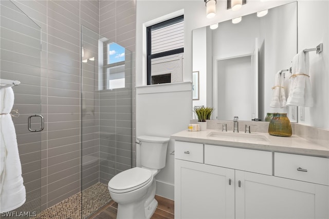 bathroom featuring vanity, toilet, a shower with shower door, and wood-type flooring