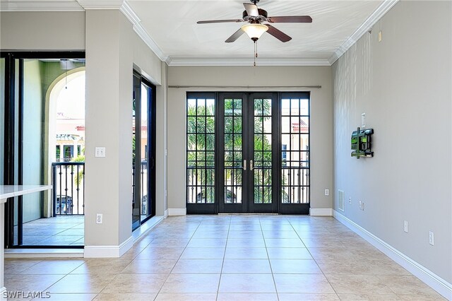 doorway to outside featuring ceiling fan, crown molding, french doors, and light tile floors