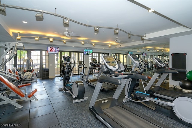 workout area with ceiling fan