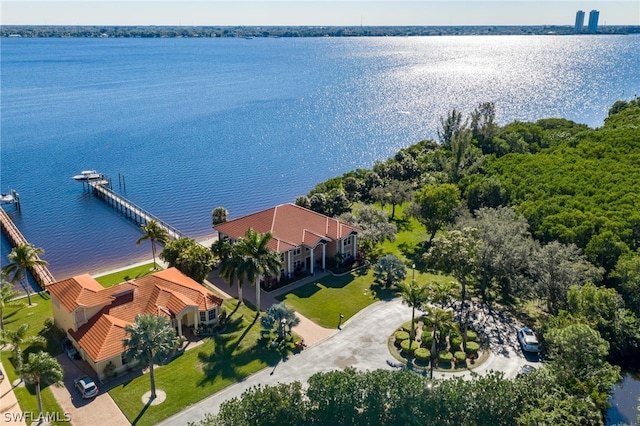 birds eye view of property with a water view