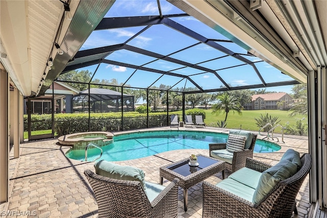 view of pool featuring a patio, glass enclosure, and an in ground hot tub