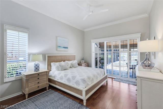 bedroom featuring dark hardwood / wood-style flooring, ceiling fan, crown molding, and access to outside