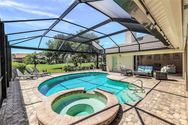 view of pool with glass enclosure, an outdoor living space, an in ground hot tub, and a patio area