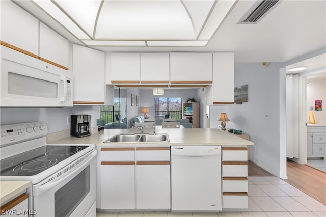 kitchen with white cabinets, sink, white appliances, light tile flooring, and kitchen peninsula