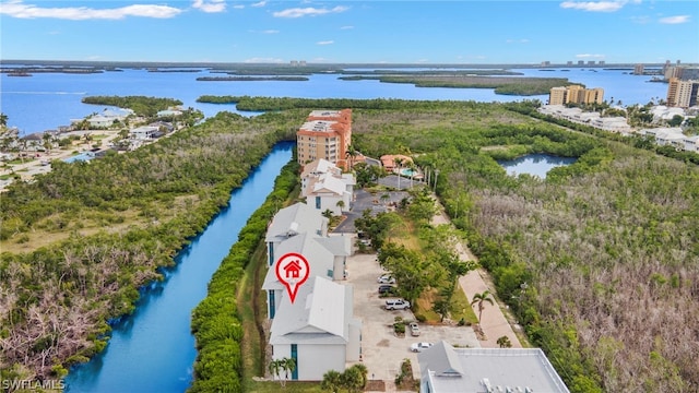 bird's eye view with a water view