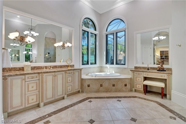 bathroom with a chandelier, a relaxing tiled bath, crown molding, and vanity