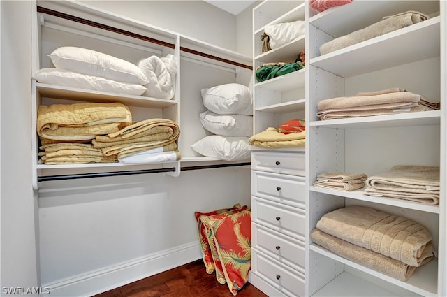 walk in closet featuring dark hardwood / wood-style flooring