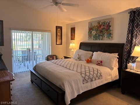 carpeted bedroom with ceiling fan and access to exterior