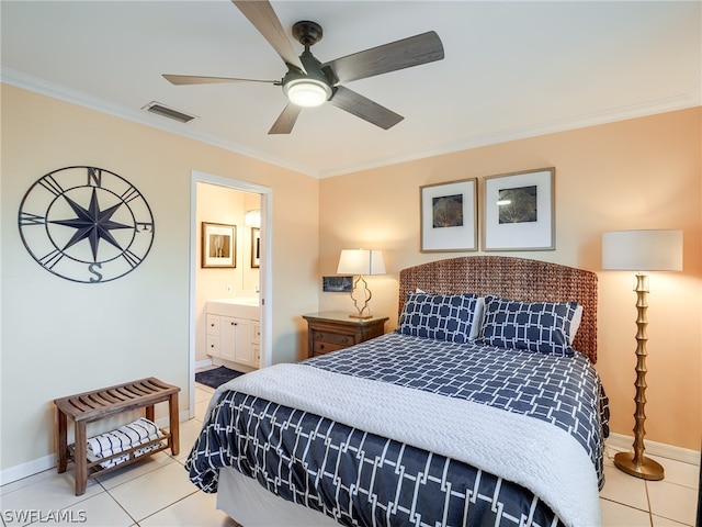 bedroom featuring crown molding, connected bathroom, ceiling fan, and light tile floors