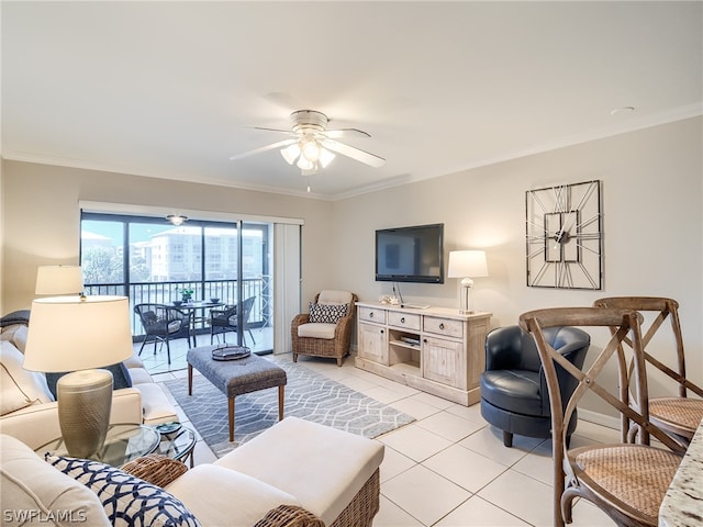 living room featuring crown molding, ceiling fan, and light tile flooring