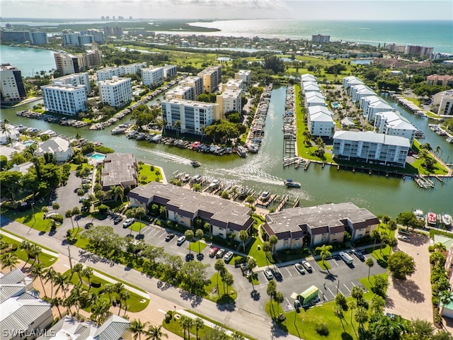 bird's eye view with a water view