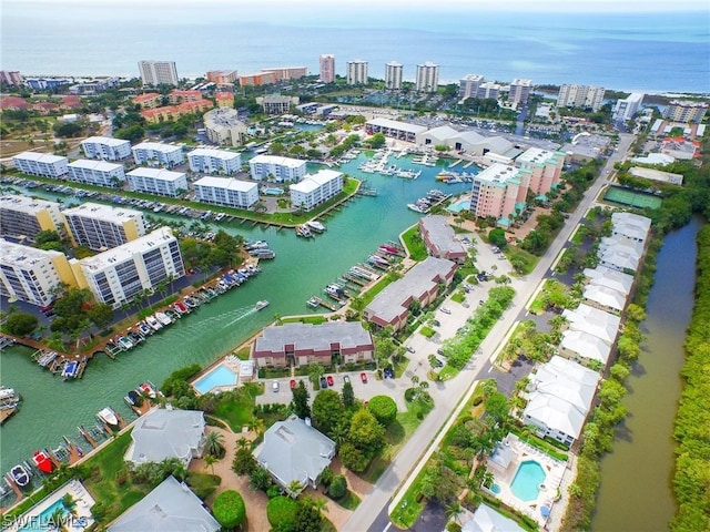 drone / aerial view featuring a water view