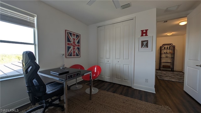 office area with ceiling fan and dark wood-type flooring