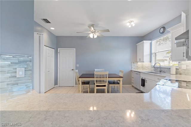 kitchen with sink, ceiling fan, tasteful backsplash, and white cabinetry