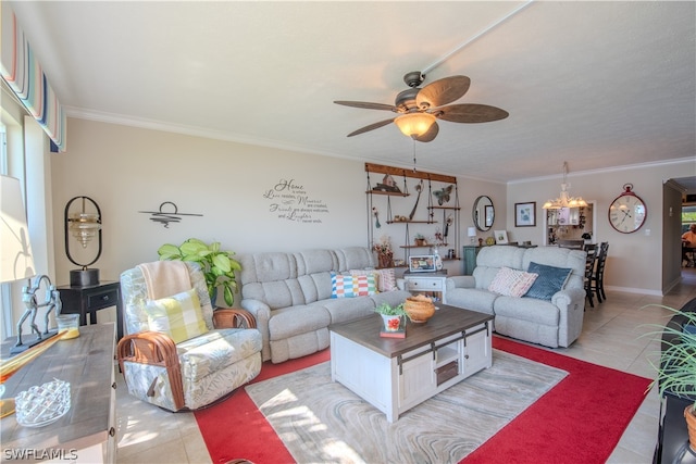 living room featuring ceiling fan with notable chandelier, ornamental molding, and light tile floors