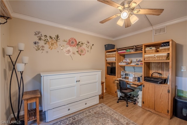 office featuring crown molding, light hardwood / wood-style flooring, and ceiling fan