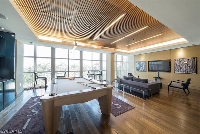 playroom with a wall of windows, a wealth of natural light, a raised ceiling, and pool table