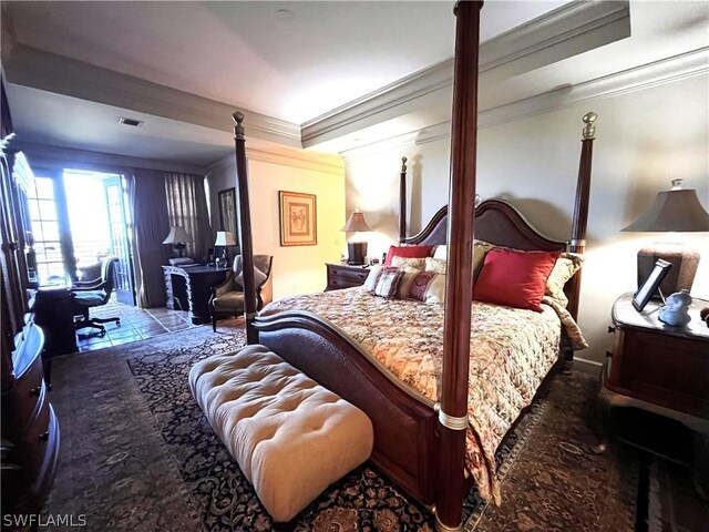 tiled bedroom featuring ornamental molding