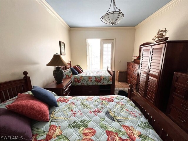 bedroom with tile patterned flooring and ornamental molding