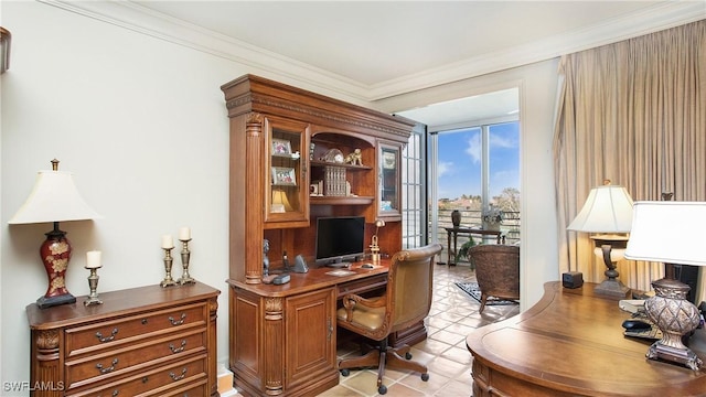 office area featuring crown molding and floor to ceiling windows