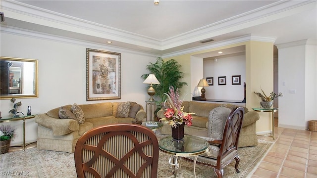 tiled living room with crown molding