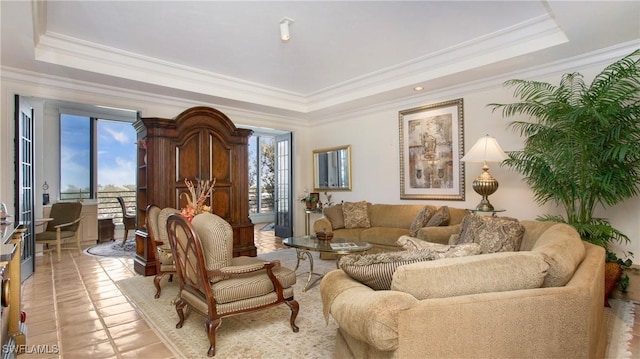 living room with crown molding and a raised ceiling