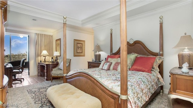 tiled bedroom featuring ornamental molding and access to outside