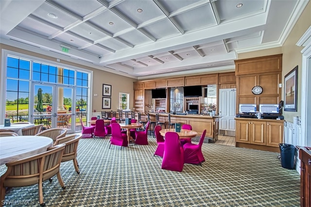 interior space featuring french doors, coffered ceiling, crown molding, beamed ceiling, and a high ceiling