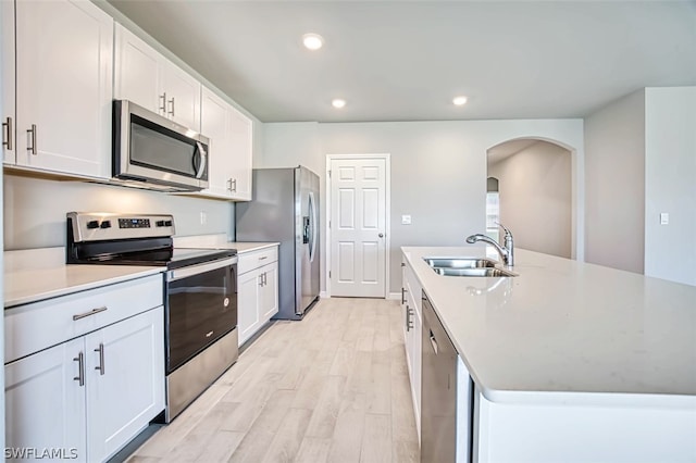 kitchen featuring white cabinetry, an island with sink, stainless steel appliances, and sink