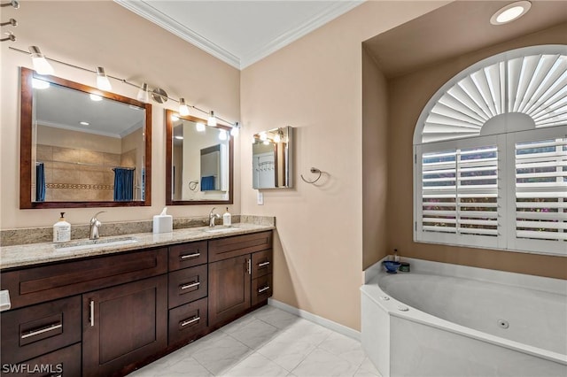 bathroom with a bath, vanity, and ornamental molding