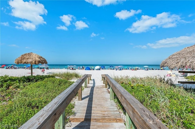 view of water feature with a beach view