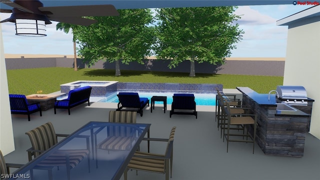 view of pool with an in ground hot tub, exterior kitchen, a patio area, an outdoor bar, and a grill