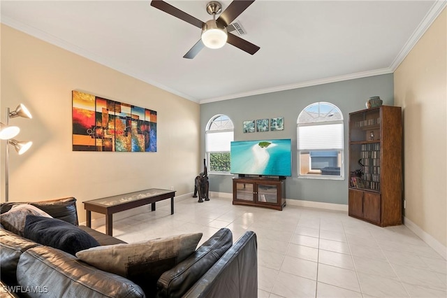 tiled living room with ceiling fan and ornamental molding