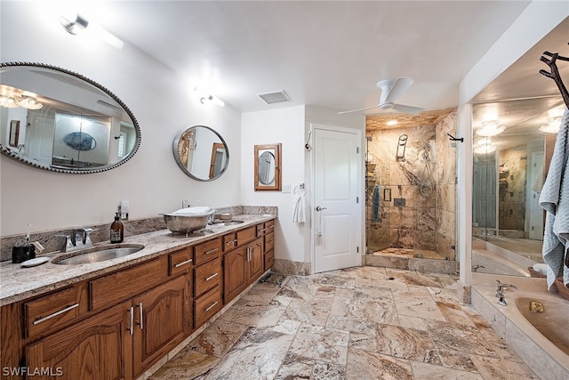 bathroom featuring large vanity, ceiling fan, double sink, separate shower and tub, and tile floors