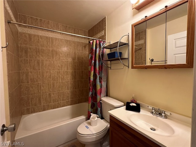 full bathroom featuring vanity with extensive cabinet space, toilet, and shower / tub combo with curtain