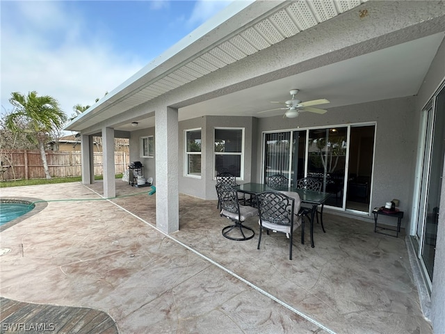 view of terrace featuring a fenced in pool and ceiling fan