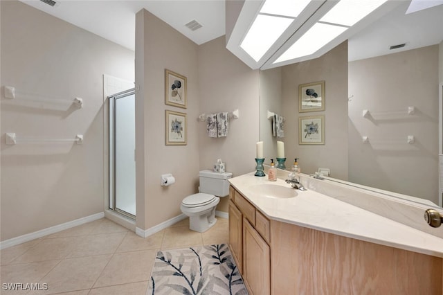 bathroom with tile patterned flooring, vanity, toilet, and a shower with door