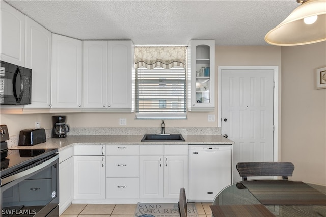 kitchen with sink, stainless steel electric range, dishwasher, a textured ceiling, and white cabinets