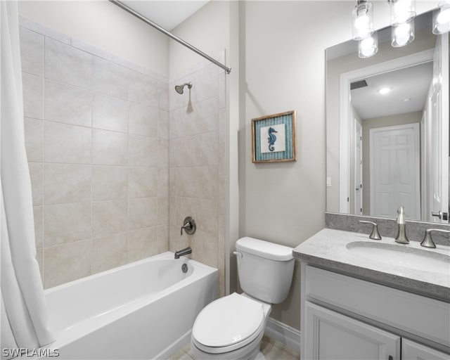 full bathroom featuring toilet, visible vents, shower / bath combination with curtain, and vanity