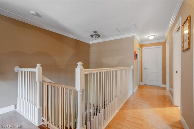 hallway featuring hardwood / wood-style flooring and crown molding