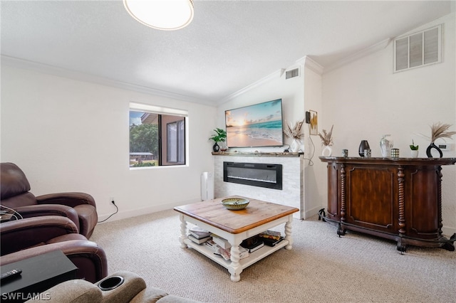 living room with carpet, crown molding, and vaulted ceiling