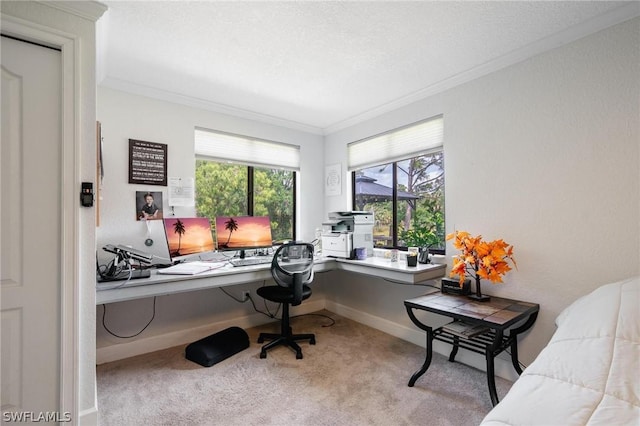 carpeted office featuring a textured ceiling, built in desk, and crown molding