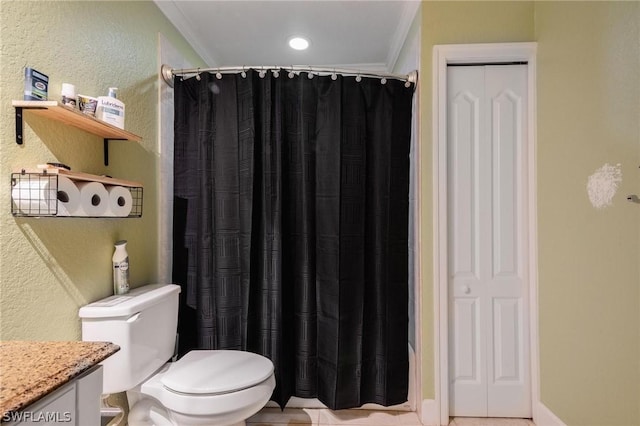 bathroom with ornamental molding, tile patterned floors, toilet, vanity, and a shower with shower curtain