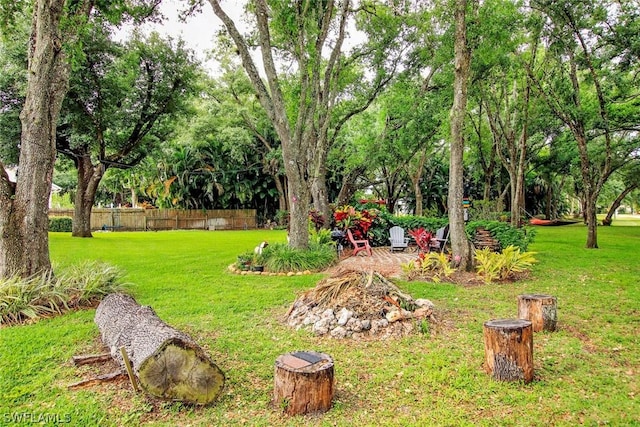 view of yard featuring an outdoor fire pit