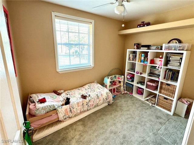 bedroom with carpet flooring and ceiling fan